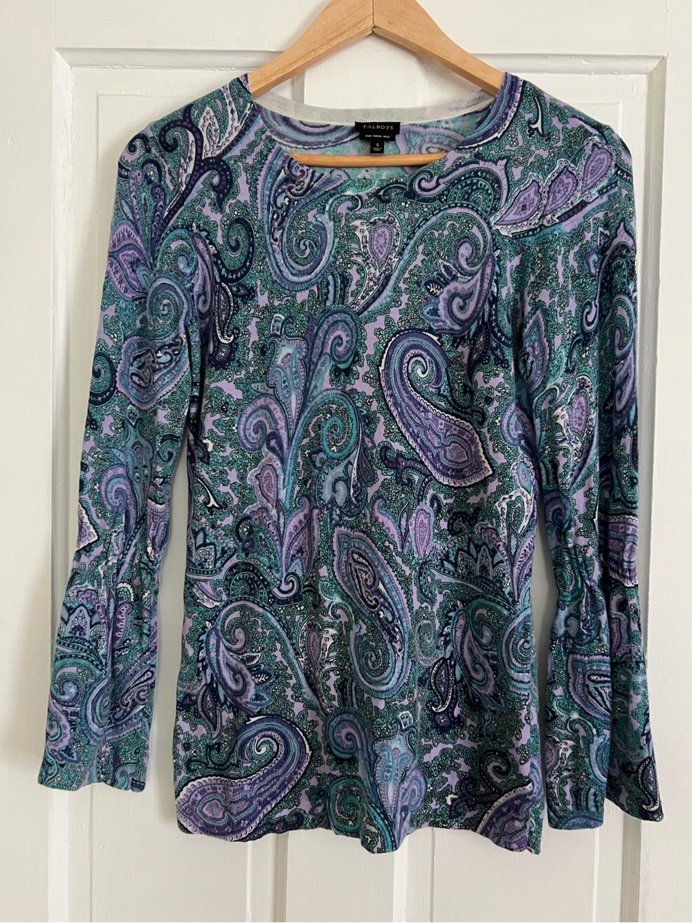 Talbots Women’s Size Small Paisley Bell Sleeve 100% Merino Wool Sweater Top